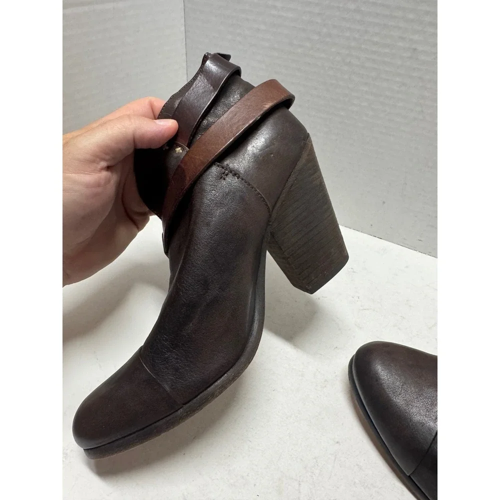 Rag & Bone Harrow Dark Brown Leather Wrap Strap Block Heel Ankle Boots Size 39 9